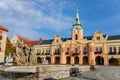 Baroque town hall and modern fountain at main Peace square of historic medieval royal town Melnik, colorful renaissance houses in Royalty Free Stock Photo