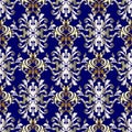 Baroque vector seamless pattern. Blue gold silver floral background. Baroque wallpaper. Surface damask flowers, branches, scroll Royalty Free Stock Photo