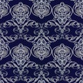 Baroque vector seamless pattern. Damask dark blue floral background wallpaper illustration with vintage white line art tracery fl Royalty Free Stock Photo