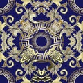 Baroque vector seamless pattern. Greek key meanders round mandalas. Ornamental ornate dark blue floral background
