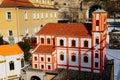 Baroque white and red Church of Annunciation, Railway model Male Litomerice, Miniature city with landmark and toy railroad with