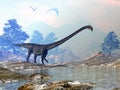 Barosaurus dinosaur walk - 3D render Royalty Free Stock Photo