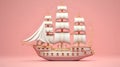 Barque ship model 3d. on pink background. Royalty Free Stock Photo