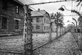 Barracks and barbed wire in a concentration camp in Auschwitz P Royalty Free Stock Photo