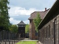 Barracks, fence and watchtower in the former concentration camp. Auschwitz