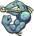 Strong angry cartoon barracuda fish mascot