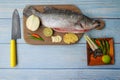Barramundi or asian seabass fish with knife, chilies, onion , lemongrass, ginger,garlic,and key lime