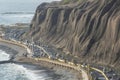 Barranco Peru coast with Pacific Ocean beach with the historic restaurant - Rosa Nautica - and a highway with traffic at night Royalty Free Stock Photo