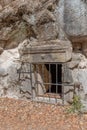 Barred entrance to Cave of the Curses at Bet She`arim in Kiryat Tivon, Israel