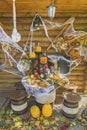 Barrel chairs and a table with Halloween decorations Royalty Free Stock Photo