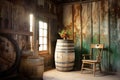 barrel with chipping paint in a historic barn