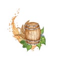 A barrel decorated with splashes of beer, hops and ears of wheat in watercolor