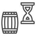 Barrel and hourglass line icon, Wine festival concept, Aging of wine sign on white background, Exposure of wine in