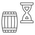Barrel and hourglass thin line icon, Wine festival concept, Aging of wine sign on white background, Exposure of wine in