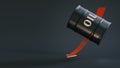 Barrel labeled `oil` slides down a red arrow pointing down on a dark background with space for text or logo. Royalty Free Stock Photo