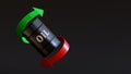 Barrel labeled `oil` is surrounded by two arrows - a green one pointing up and a red one pointing down on a dark background with