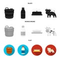 A barrel of milk, butter, a cow. Milk set collection icons in black, flat, monochrome style vector symbol stock Royalty Free Stock Photo