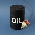 Barrel of oil and falling burning dollar plane