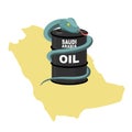 Barrel oil in Saudi Arabia map background. Snake around barrel.