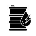 Barrel Oil Silhouette Icon. Petrol Energy Gallon with Drop and Lightning Glyph Pictogram. Metal Gas Tank Icon. Industry