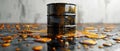 A barrel of oil spilling out of it on a wet surface Royalty Free Stock Photo