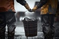 barrel oil. Workers carry a bucket of crude oil