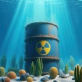 Barrel with radioactive waste at the bottom of the sea. Royalty Free Stock Photo