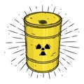 Barrel with radioactive waste. Hand drawn vector illustration with barrel and sunburst.