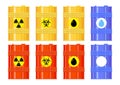 Barrel set. Vector flat icon. Water, oil, garbage, emissions, wa