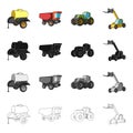 A barrel with water, a trailer, a dumper, an agricultural tractor, a forklift. Different kinds of agricultural machinery