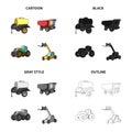 A barrel with water, a trailer, a dumper, an agricultural tractor, a forklift. Different kinds of agricultural machinery