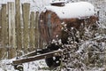 Barrel on wheels in the snow