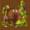 Barrel of wine on the background of the vine