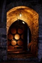 Barrel of wine in winery. Royalty Free Stock Photo