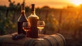 Barrel Wineglasses And Bottle In Vineyard At Sunset, generative ai Royalty Free Stock Photo