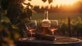 Barrel Wineglasses And Bottle In Vineyard At Sunset, generative ai Royalty Free Stock Photo