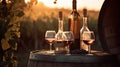 Barrel Wineglasses Cheese And Bottle In Vineyard At Sunset, generative ai Royalty Free Stock Photo