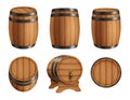 Barrels alcohol. Front and top view of wooden barrels with rum bar containers faucet hoop decent vector realistic Royalty Free Stock Photo