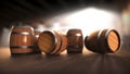 Barrels on the bar, beer, wine, rum, whisky, brendy and cognac wooden barrels. Barrels set in camera focus, Royalty Free Stock Photo