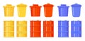 Barrels and buckets in the style of flat. Colorful icons. Yellow, red, blue. Metal and plastic containers for water, oil, garbage Royalty Free Stock Photo