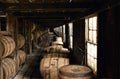 Barrels of Burbon stacked in the curing shed in Kentucky