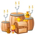 Barrels and chest with candles on top