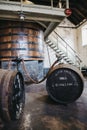Barrels of Clynelish whiskey inside Brora Distillery, Scotland.