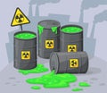 Barrels hazard liquid. Radioactive contamination of industrial waste, spill hazardous chemical materials, toxic splash