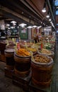 The barrels with Japanese pickles tsukemono on the market. Kyoto. Japan