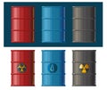 Barrels are metal. Vector. Barrels for water, radioactive materials, chemical and toxic substances, oil, gasoline. Cask. Barrel ro