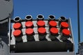 Barrels of military tank artillery gun on a blue sky background. copy space, selective focus, narrow depth of field Royalty Free Stock Photo