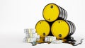 Barrels of oil, black oil barrels with pack of dollars