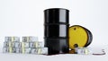 Barrels of oil, black oil barrels with pack of dollars
