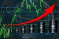 Barrels of oil, The concept of rising oil prices. The arrow of oil indicates the price. Business concept. Mixed media